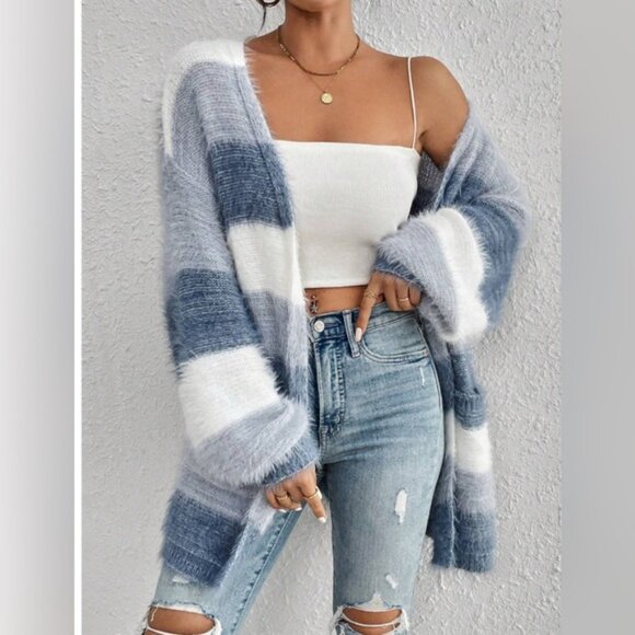 Blue Drop Shoulder Open Front Fluffy Knit Cardigan - Picture 2 of 8